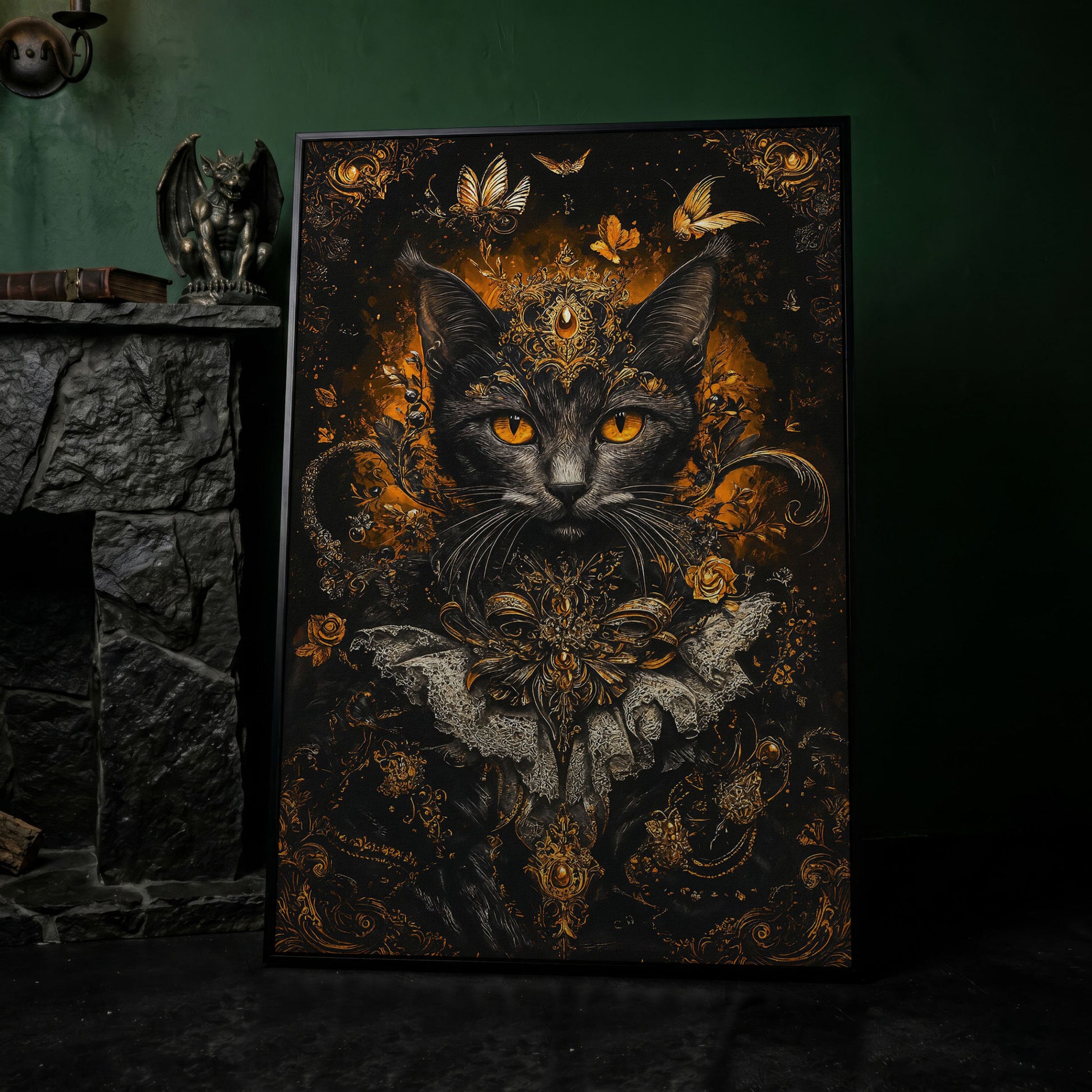 Black Cat Portrait with Baroque Gold Crown and Lace Collar canvas in black floating frame