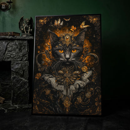 Black Cat Portrait with Baroque Gold Crown and Lace Collar canvas in black floating frame