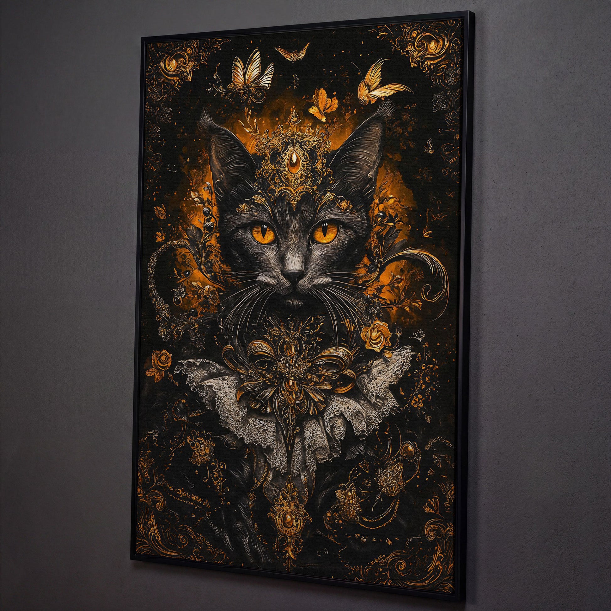 Black Cat Portrait with Baroque Gold Crown and Lace Collar canvas shown in black floating frame