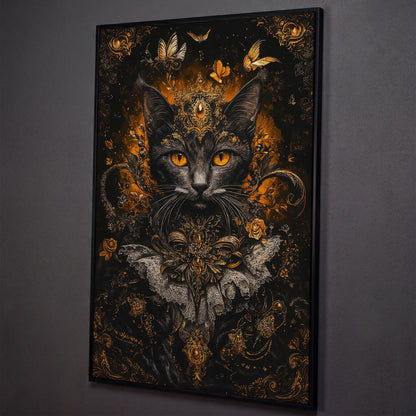 Black Cat Portrait with Baroque Gold Crown and Lace Collar canvas shown in black floating frame