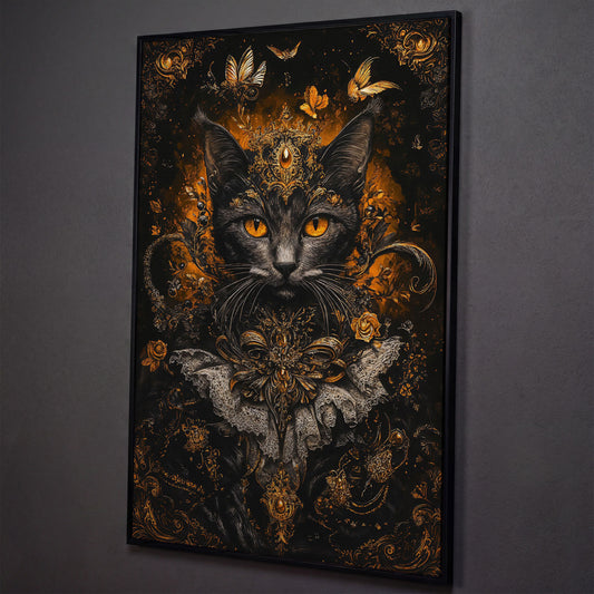 Black Cat Portrait with Baroque Gold Crown and Lace Collar canvas shown in black floating frame
