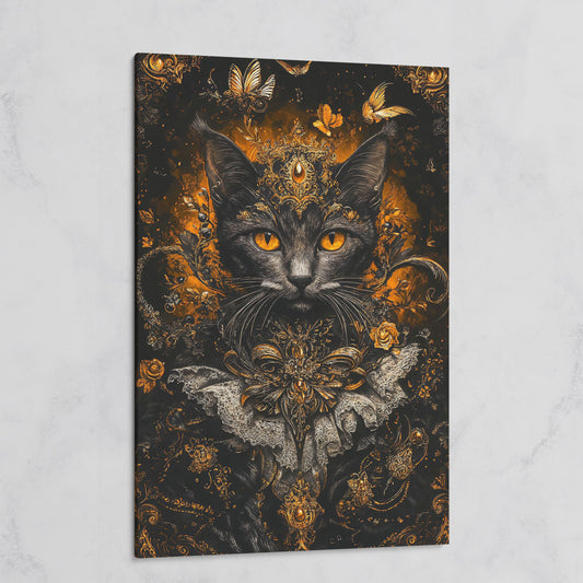 Black Cat Portrait with Baroque Gold Crown and Lace Collar on gallery wrap canvas