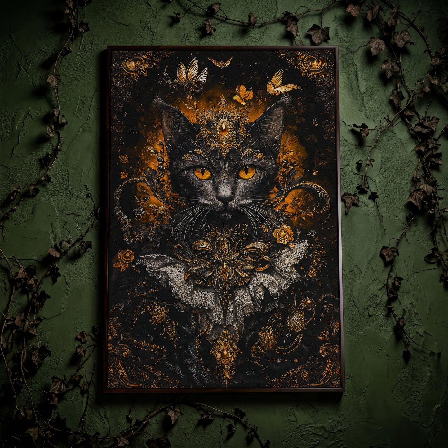 Black Cat Portrait with Baroque Gold Crown and Lace Collar canvas in dark walnut floating frame