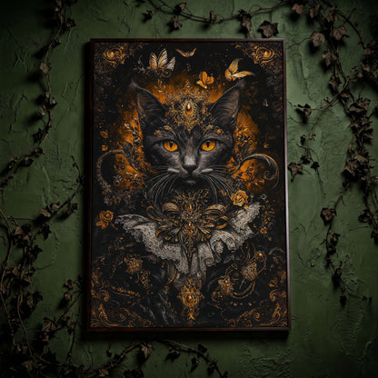 Black Cat Portrait with Baroque Gold Crown and Lace Collar canvas in dark walnut floating frame