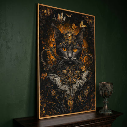 Black Cat Portrait with Baroque Gold Crown and Lace Collar canvas in white oak floating frame