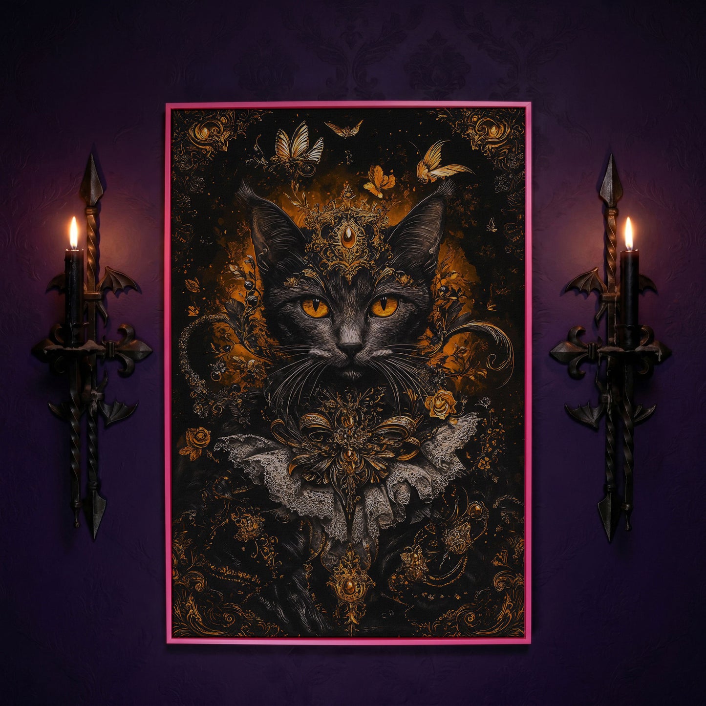 Black Cat Portrait with Baroque Gold Crown and Lace Collar canvas in pink floating frame