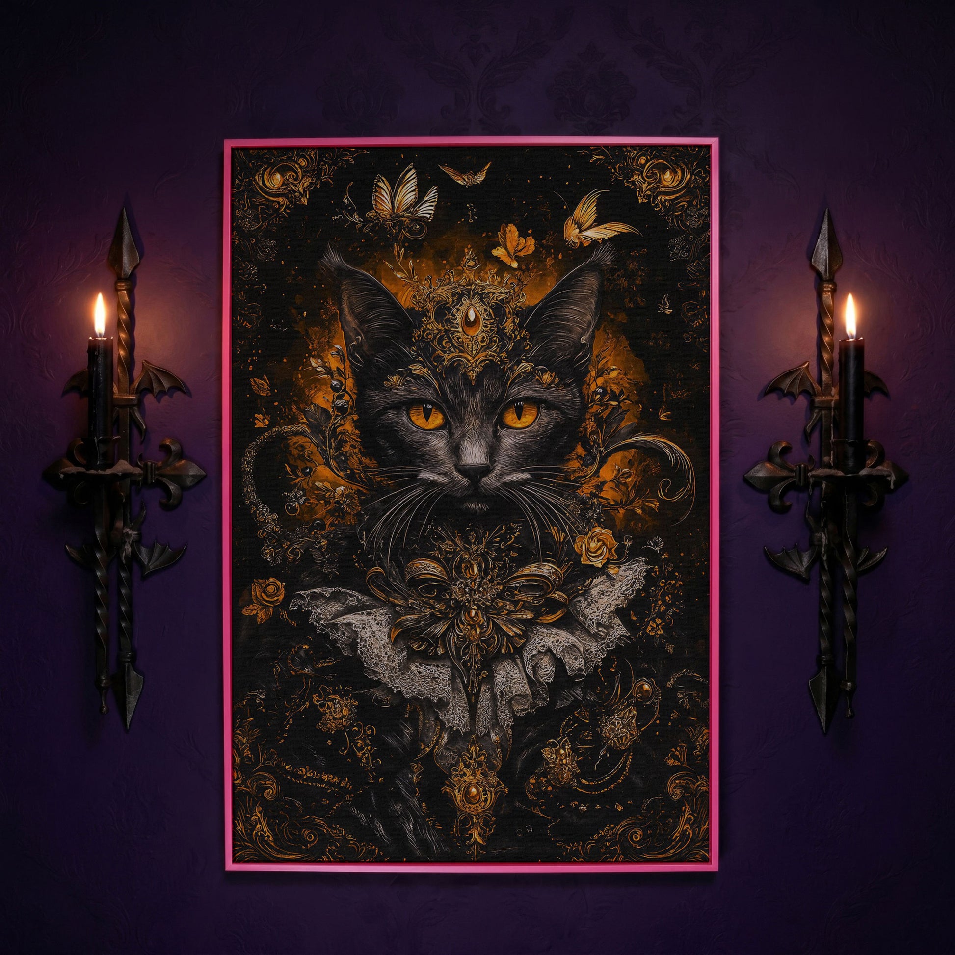 Black Cat Portrait with Baroque Gold Crown and Lace Collar canvas in pink floating frame