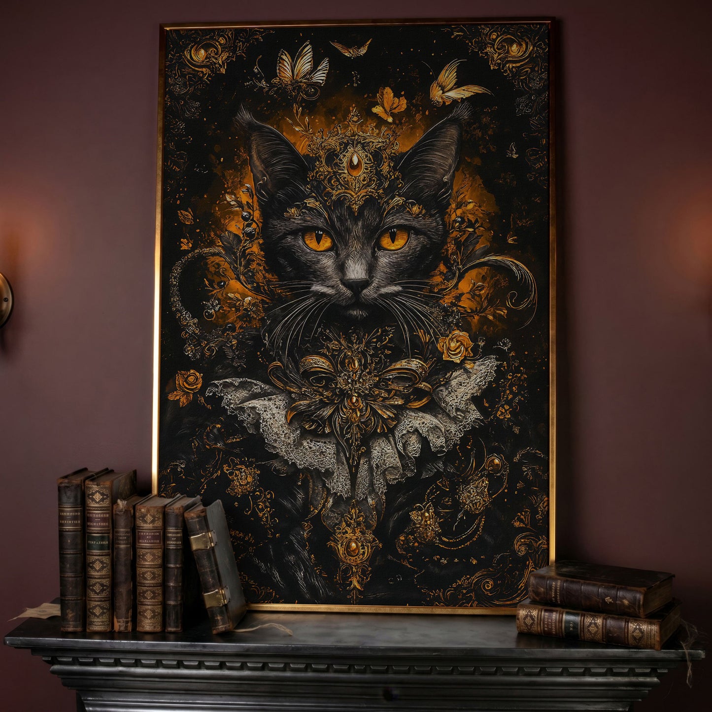 Black Cat Portrait with Baroque Gold Crown and Lace Collar canvas in rose gold floating frame