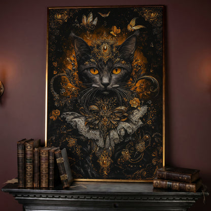 Black Cat Portrait with Baroque Gold Crown and Lace Collar canvas in rose gold floating frame