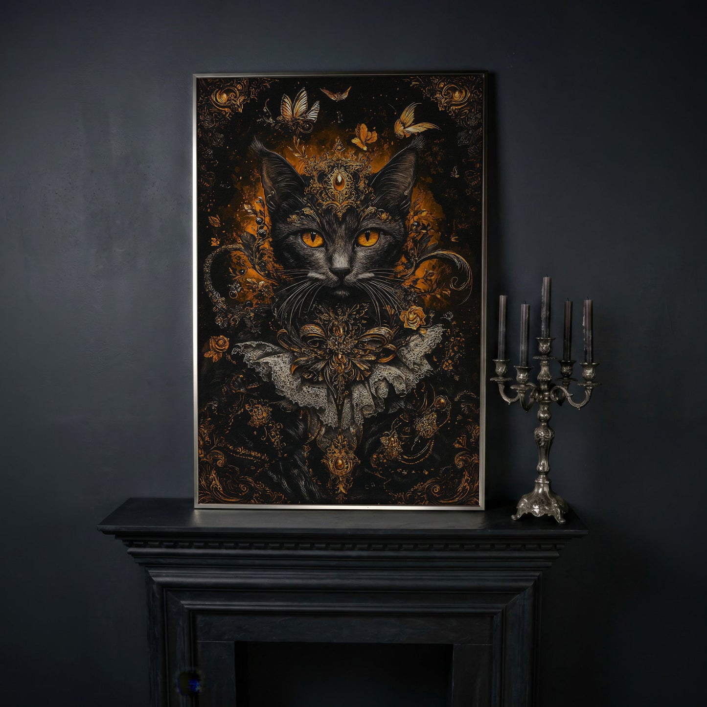 Black Cat Portrait with Baroque Gold Crown and Lace Collar canvas in silver floating frame