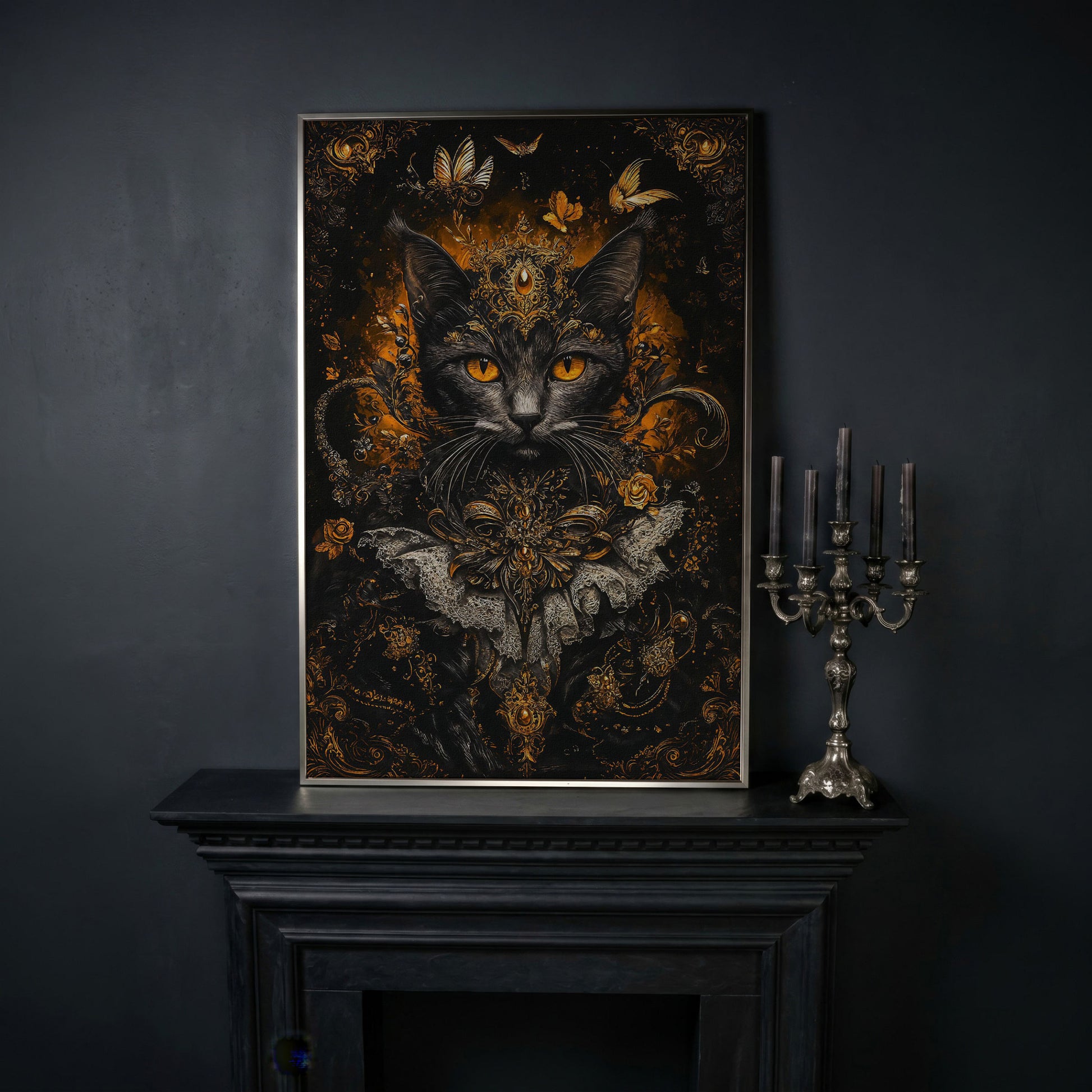 Black Cat Portrait with Baroque Gold Crown and Lace Collar canvas in silver floating frame