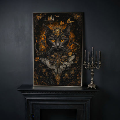 Black Cat Portrait with Baroque Gold Crown and Lace Collar canvas in silver floating frame