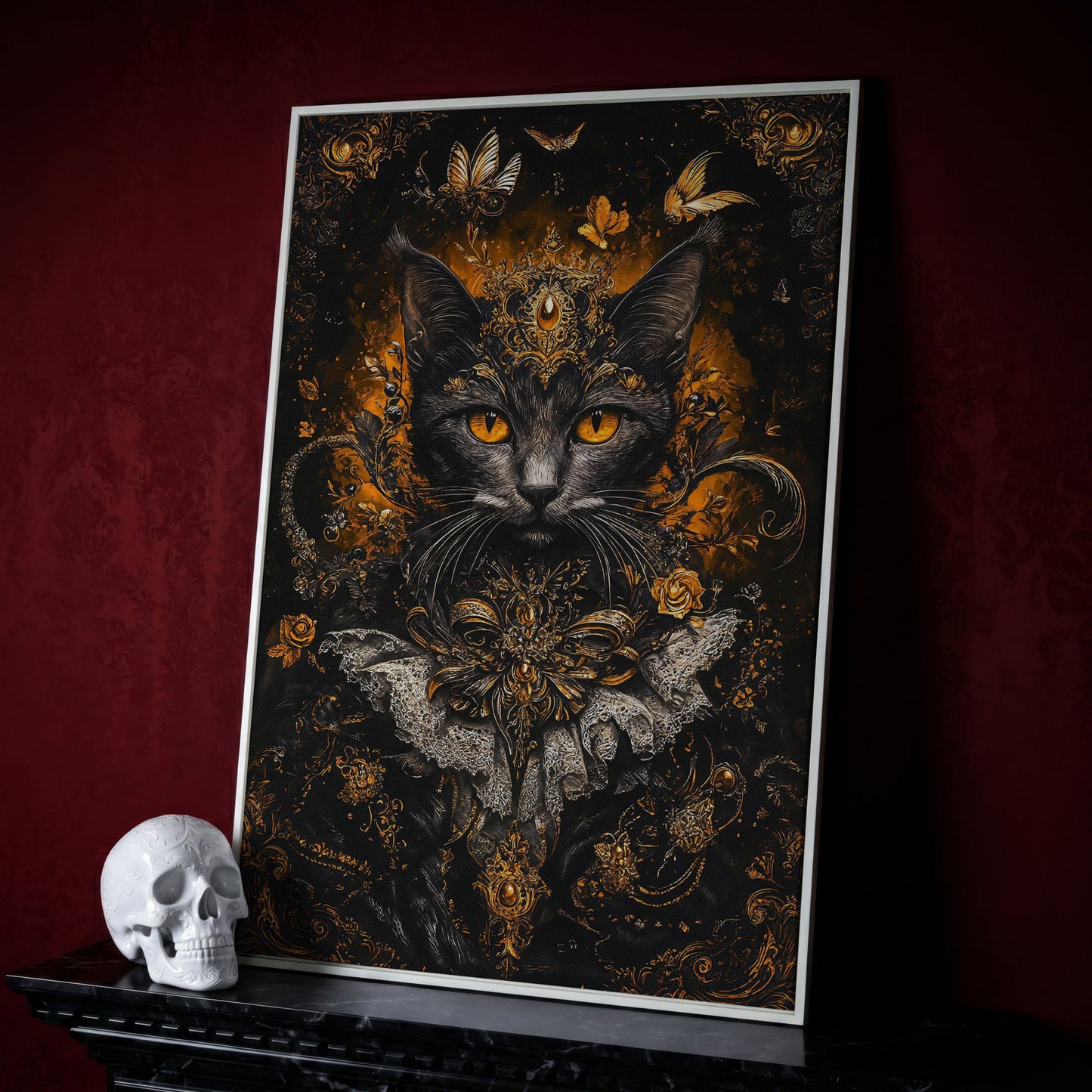 Black Cat Portrait with Baroque Gold Crown and Lace Collar canvas in white floating frame