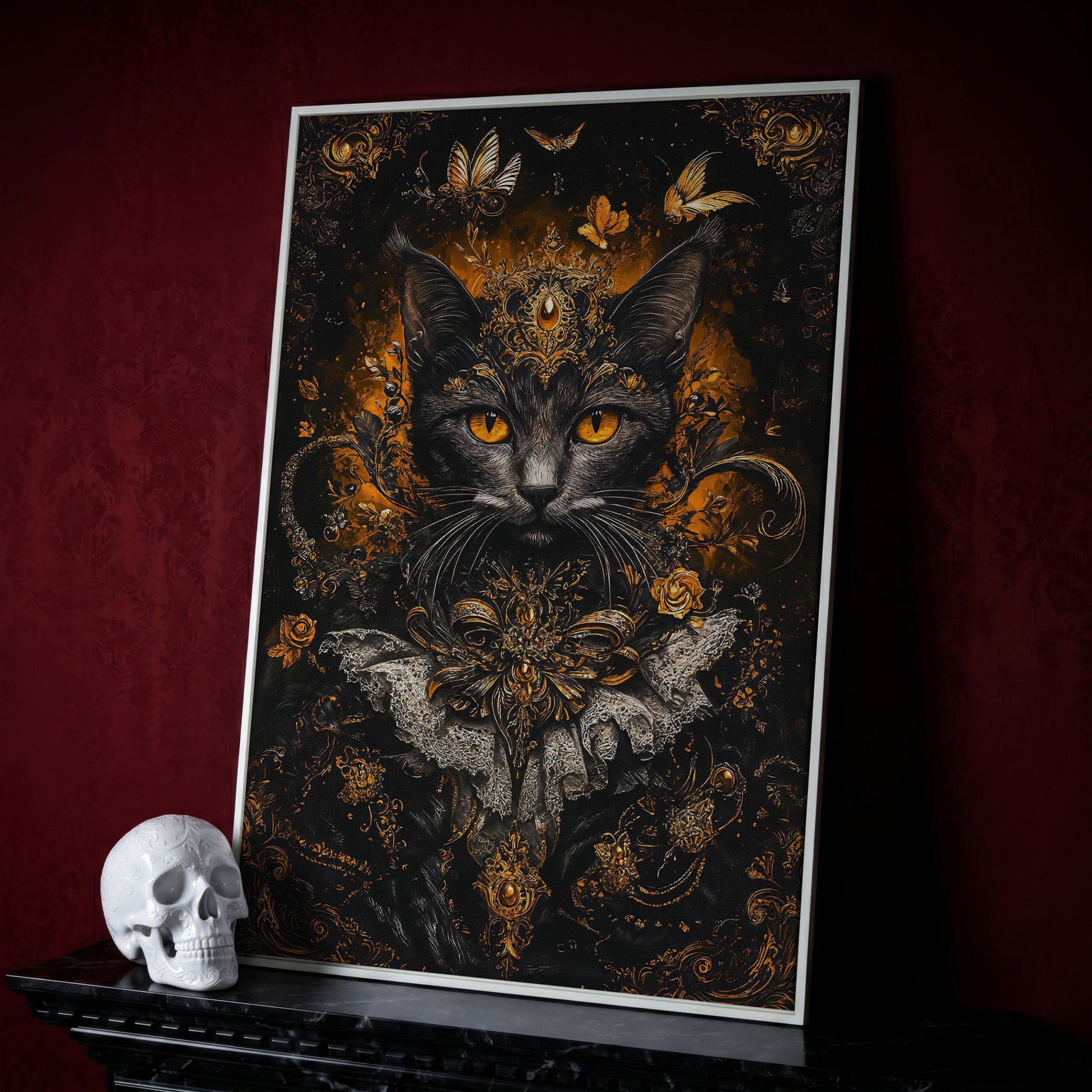 Black Cat Portrait with Baroque Gold Crown and Lace Collar canvas in white floating frame