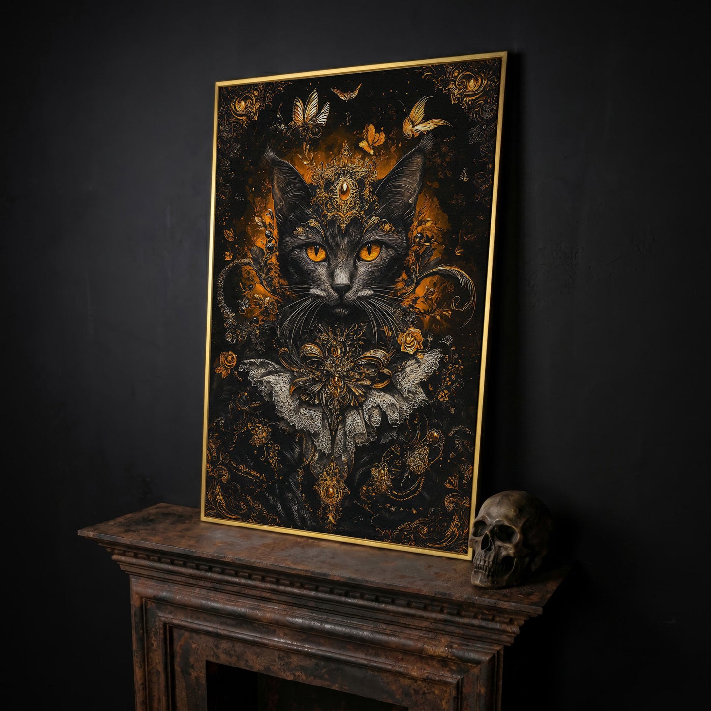 Black Cat Portrait with Baroque Gold Crown and Lace Collar canvas in yellow gold floating frame