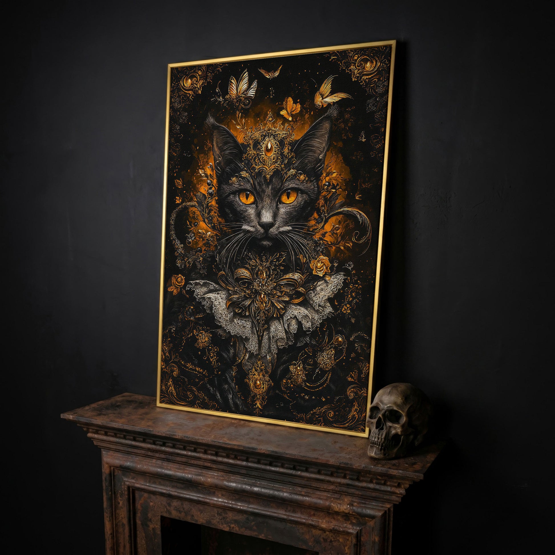 Black Cat Portrait with Baroque Gold Crown and Lace Collar canvas in yellow gold floating frame