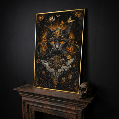 Black Cat Portrait with Baroque Gold Crown and Lace Collar canvas in yellow gold floating frame