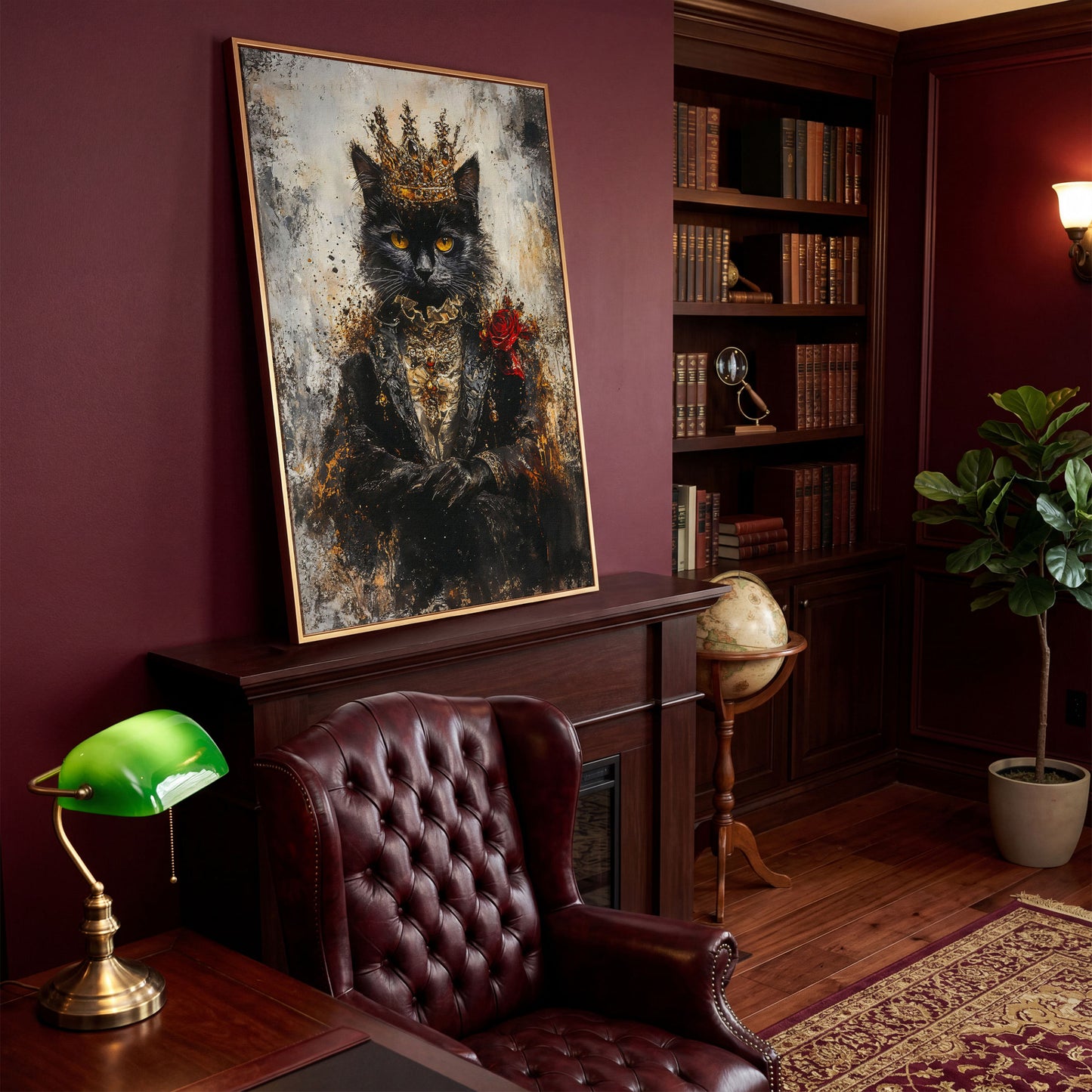 Regal Black Cat with Crown Canvas Art, Victorian Portrait in antique gold floating frame