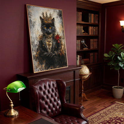 Regal Black Cat with Crown Canvas Art, Victorian Portrait in antique gold floating frame