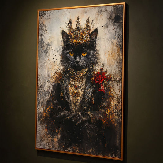 Regal Black Cat with Crown Canvas Art, Victorian Portrait shown in antique gold floating frame