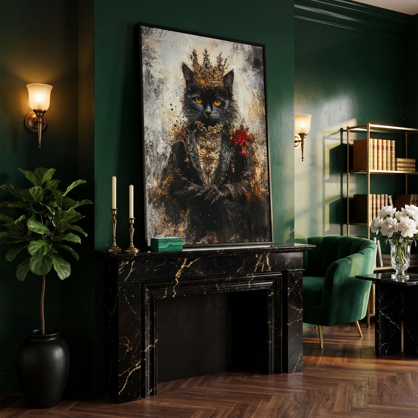 Regal Black Cat with Crown Canvas Art, Victorian Portrait in black floating frame
