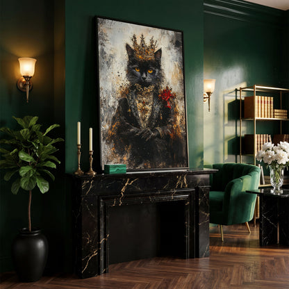 Regal Black Cat with Crown Canvas Art, Victorian Portrait in black floating frame