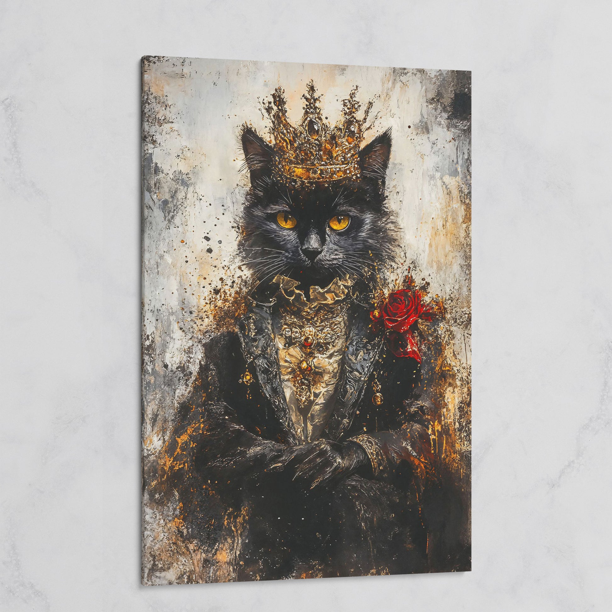 Regal Black Cat with Crown Canvas Art, Victorian Portrait on gallery wrap