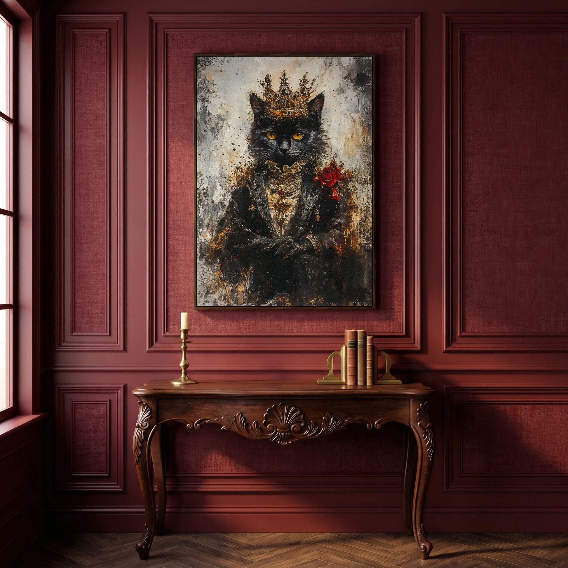 Regal Black Cat with Crown Canvas Art, Victorian Portrait in dark walnut floating frame