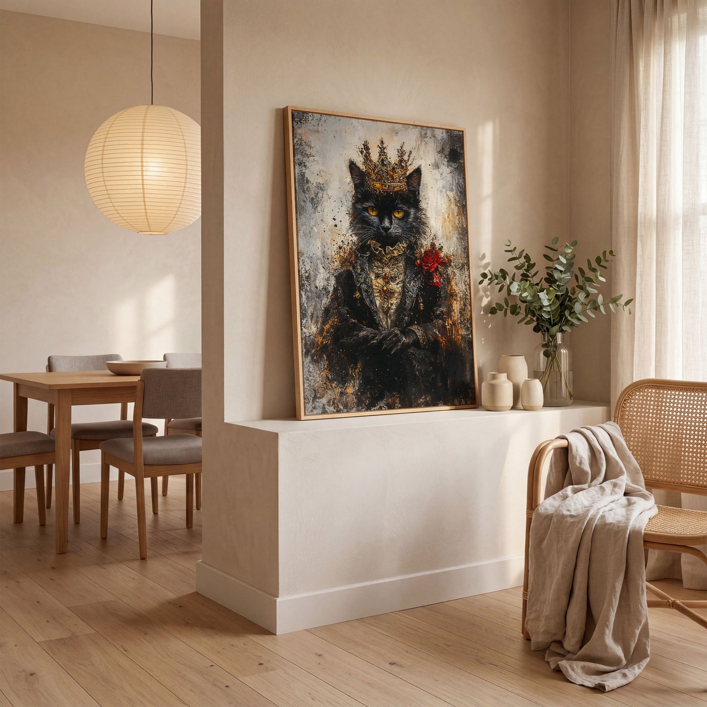 Regal Black Cat with Crown Canvas Art, Victorian Portrait in white oak floating frame