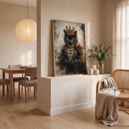 Regal Black Cat with Crown Canvas Art, Victorian Portrait in white oak floating frame