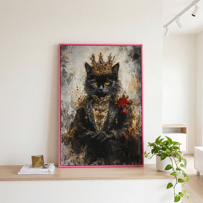 Regal Black Cat with Crown Canvas Art, Victorian Portrait in pink floating frame