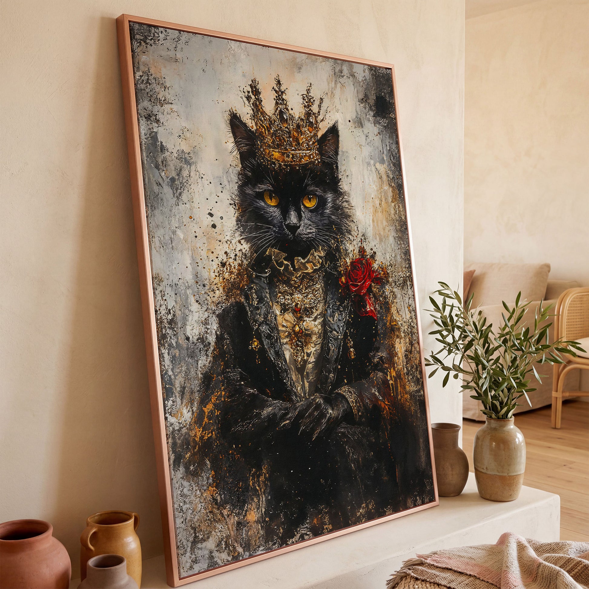 Regal Black Cat with Crown Canvas Art, Victorian Portrait in rose gold floating frame