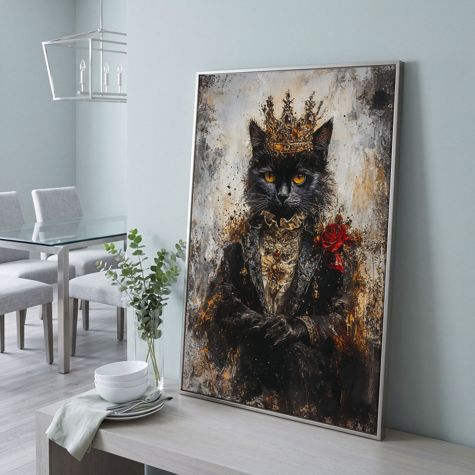 Regal Black Cat with Crown Canvas Art, Victorian Portrait in silver floating frame