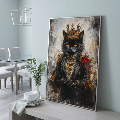Regal Black Cat with Crown Canvas Art, Victorian Portrait in silver floating frame