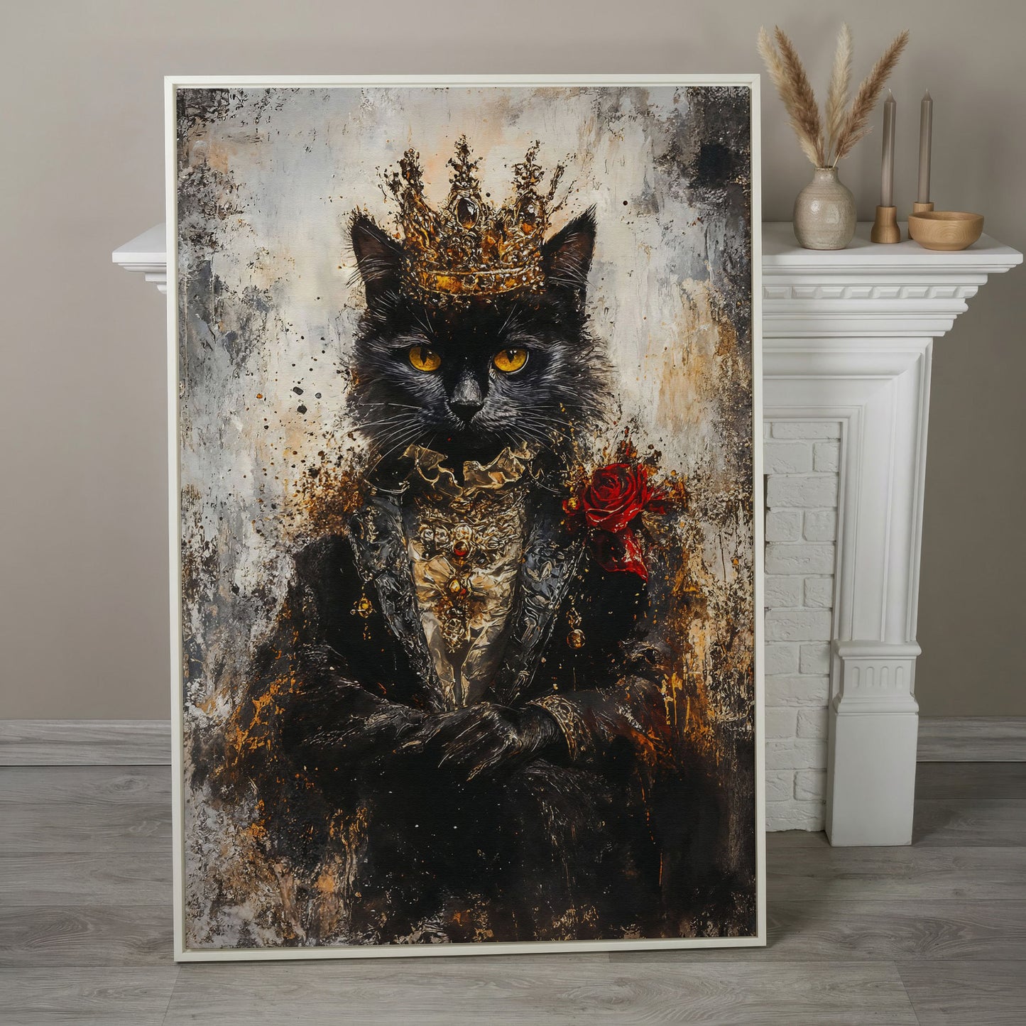 Regal Black Cat with Crown Canvas Art, Victorian Portrait in white floating frame