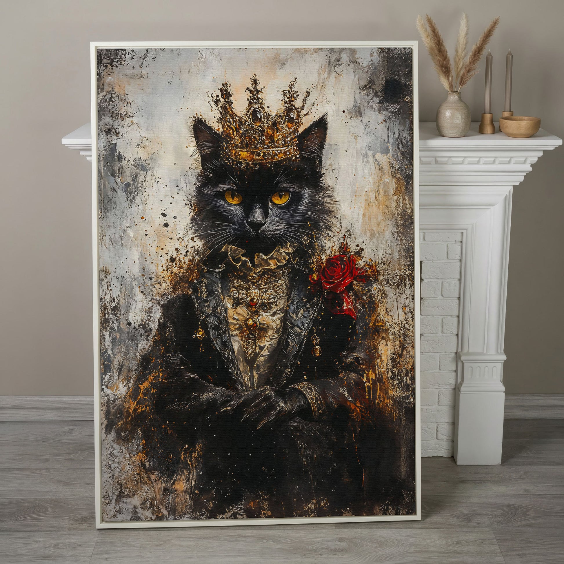 Regal Black Cat with Crown Canvas Art, Victorian Portrait in white floating frame