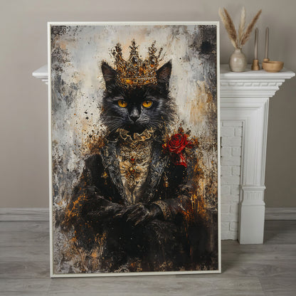 Regal Black Cat with Crown Canvas Art, Victorian Portrait in white floating frame