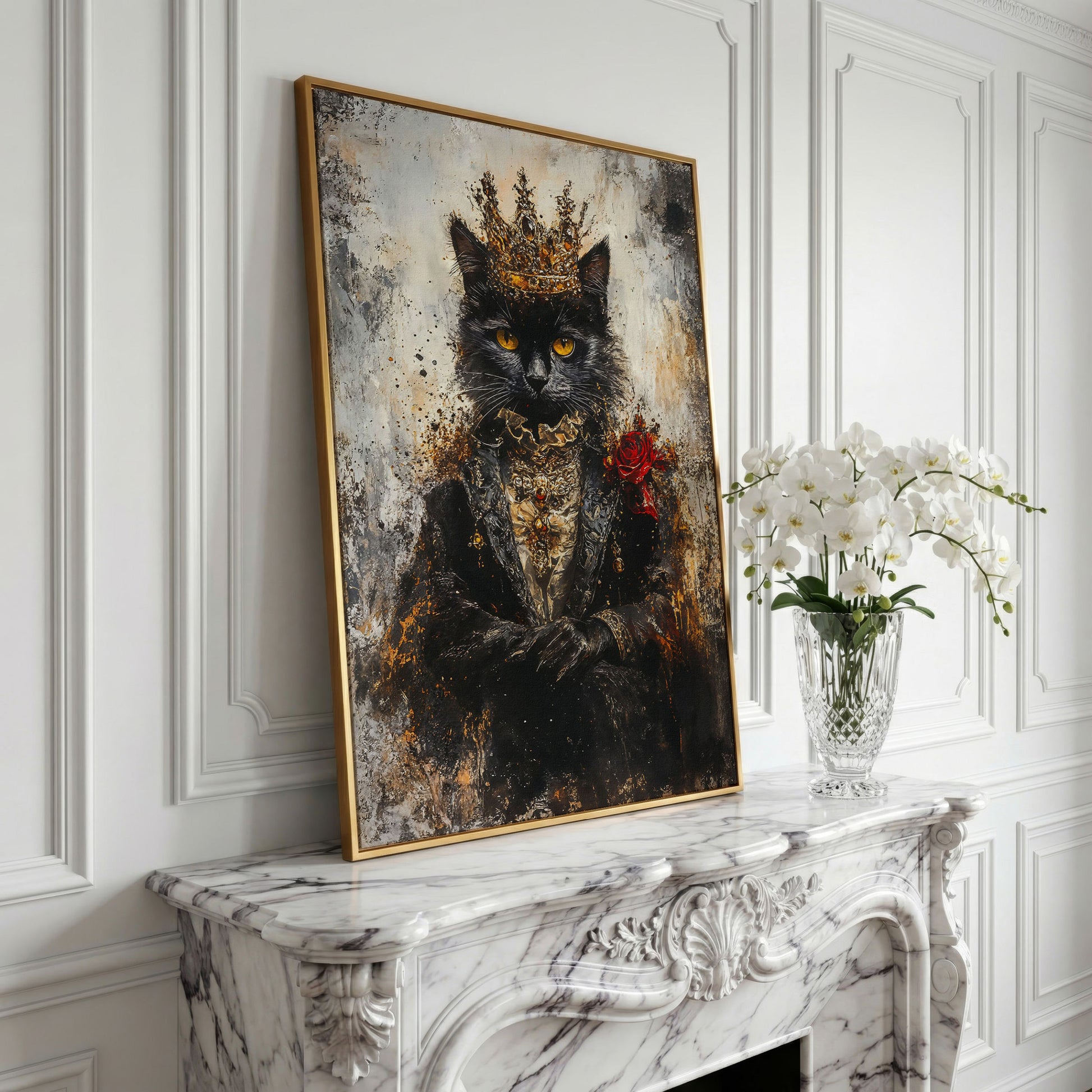 Regal Black Cat with Crown Canvas Art, Victorian Portrait in yellow gold floating frame