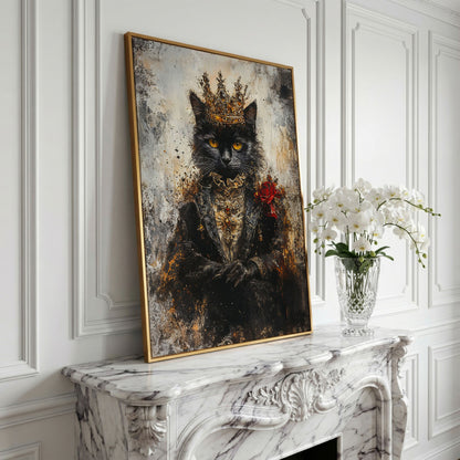 Regal Black Cat with Crown Canvas Art, Victorian Portrait in yellow gold floating frame