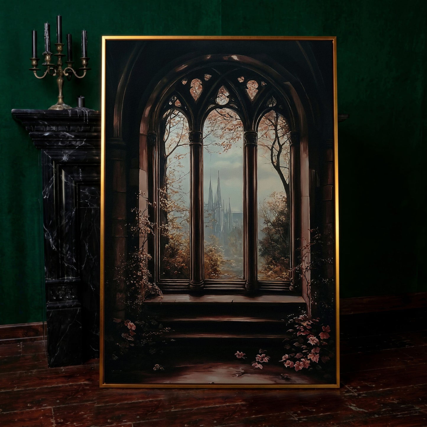 Gothic Window Castle View Canvas Art, Dark Academic Wall Decor in antique gold floating frame