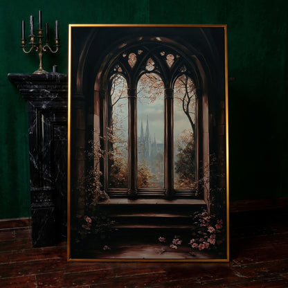 Gothic Window Castle View Canvas Art, Dark Academic Wall Decor in antique gold floating frame
