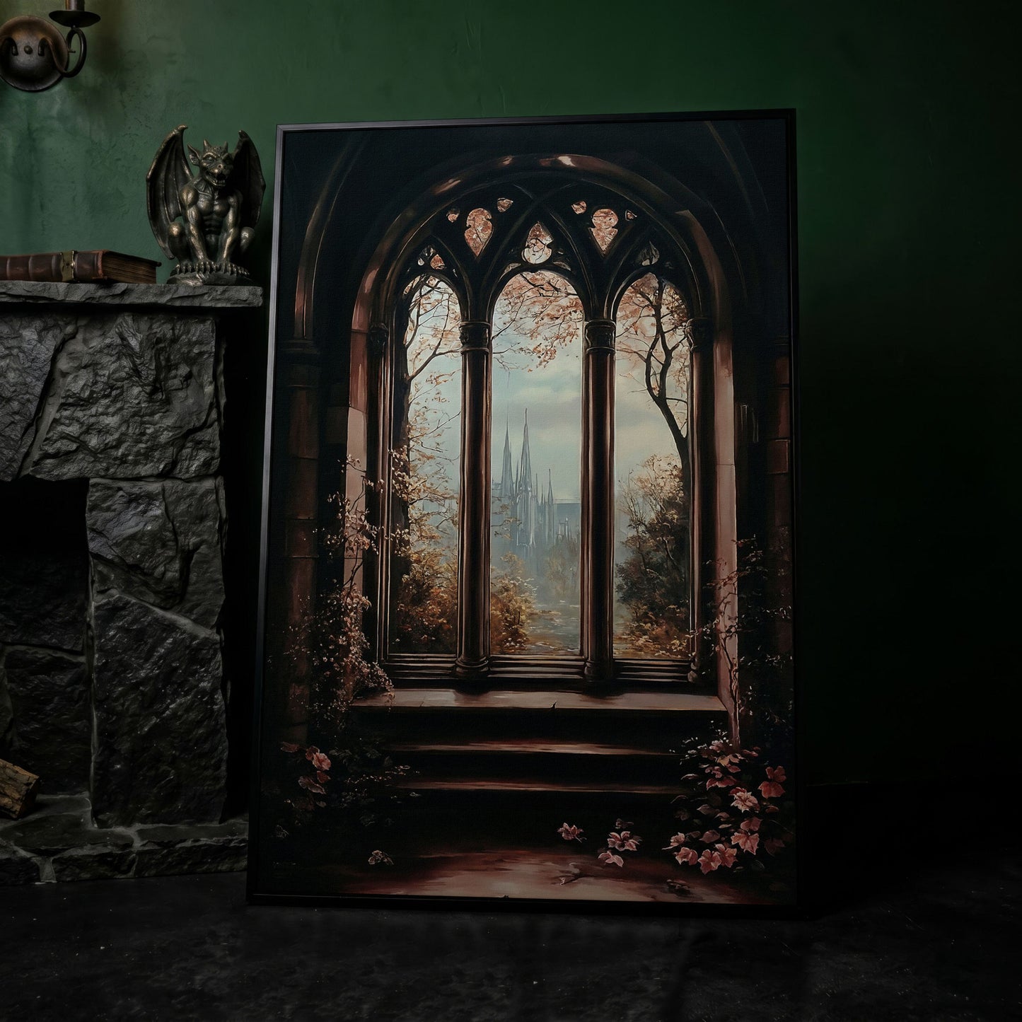 Gothic Window Castle View Canvas Art, Dark Academic Wall Decor in black floating frame