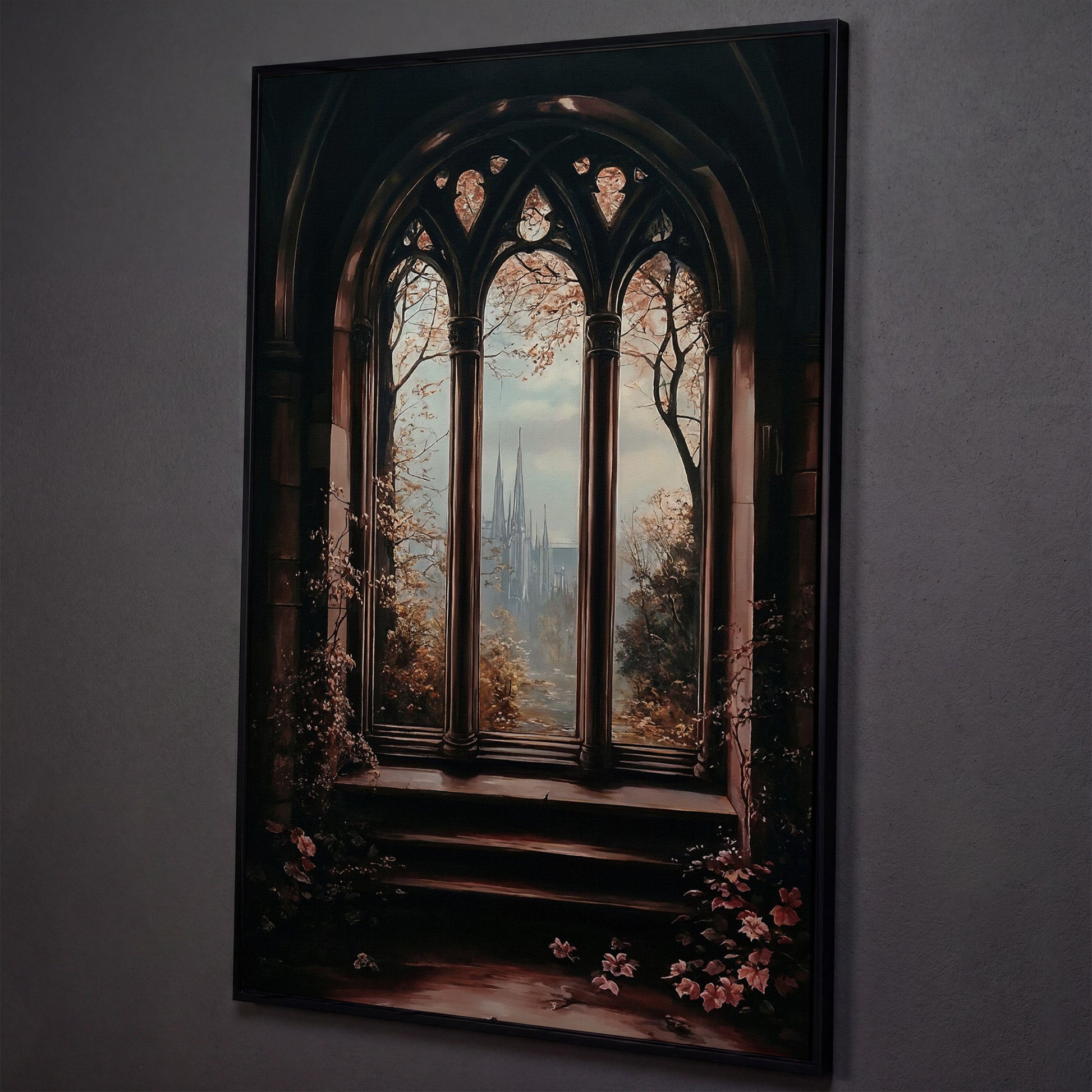 Gothic Window Castle View Canvas Art, Dark Academic Wall Decor shown in black floating frame