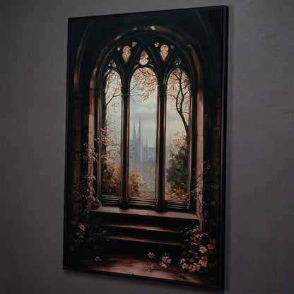 Gothic Window Castle View Canvas Art, Dark Academic Wall Decor shown in black floating frame