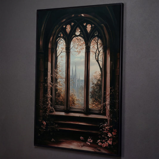 Gothic Window Castle View Canvas Art, Dark Academic Wall Decor shown in black floating frame