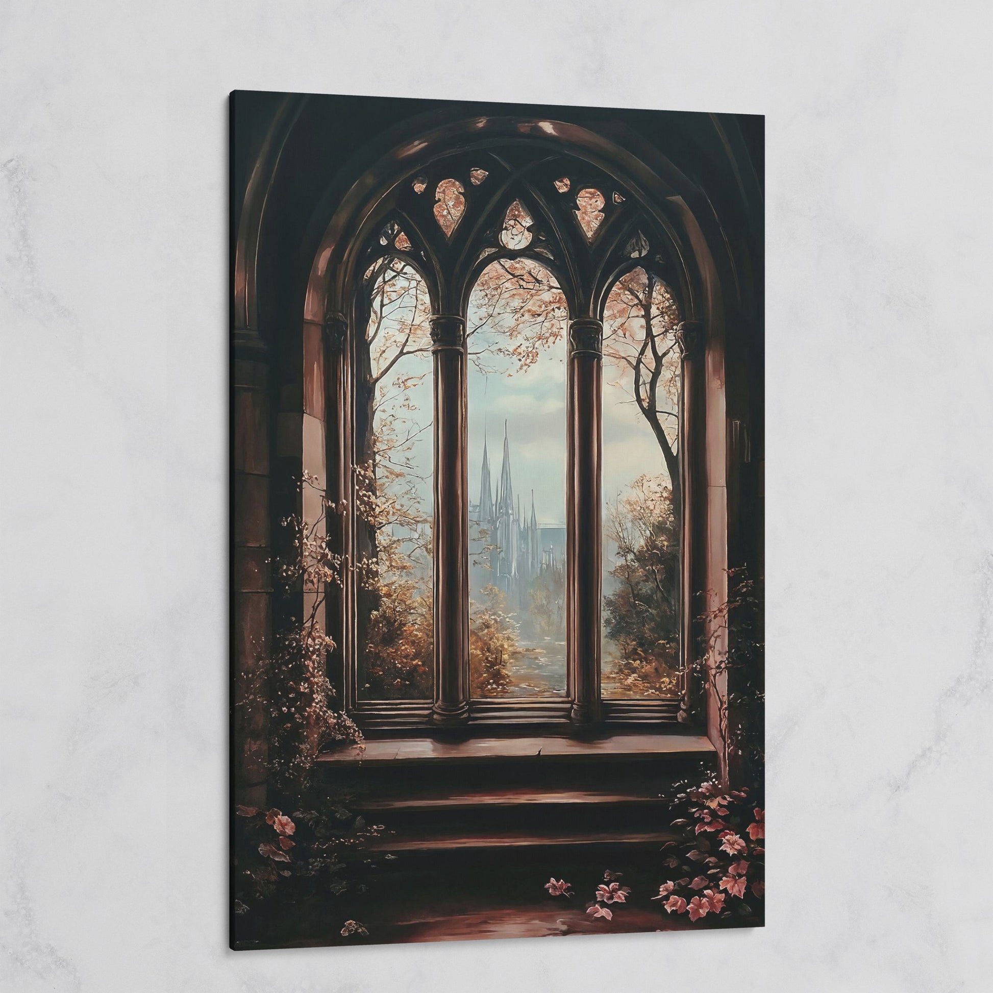 Gothic Window Castle View Canvas Art, Dark Academic Wall Decor on gallery wrap