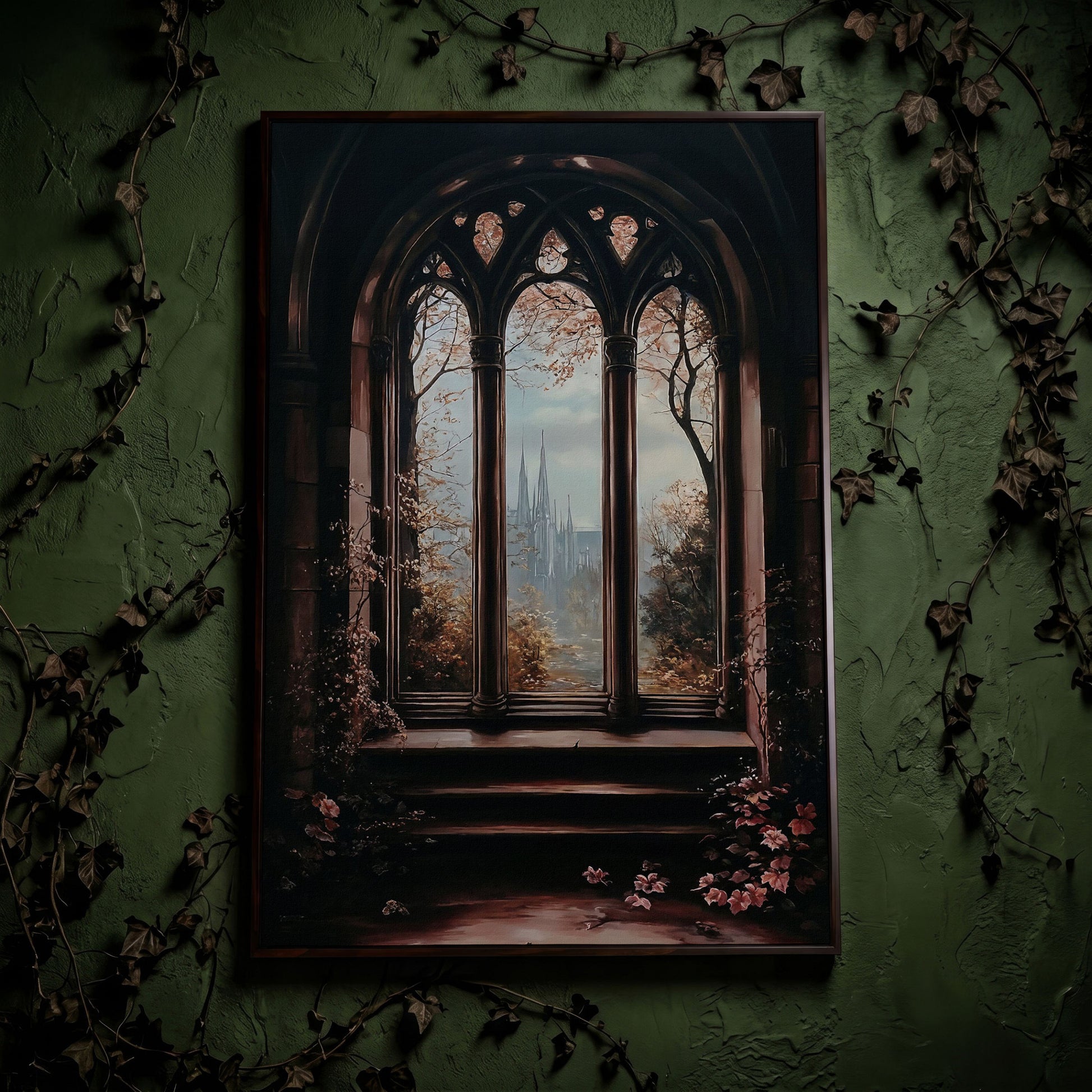 Gothic Window Castle View Canvas Art, Dark Academic Wall Decor in dark walnut floating frame