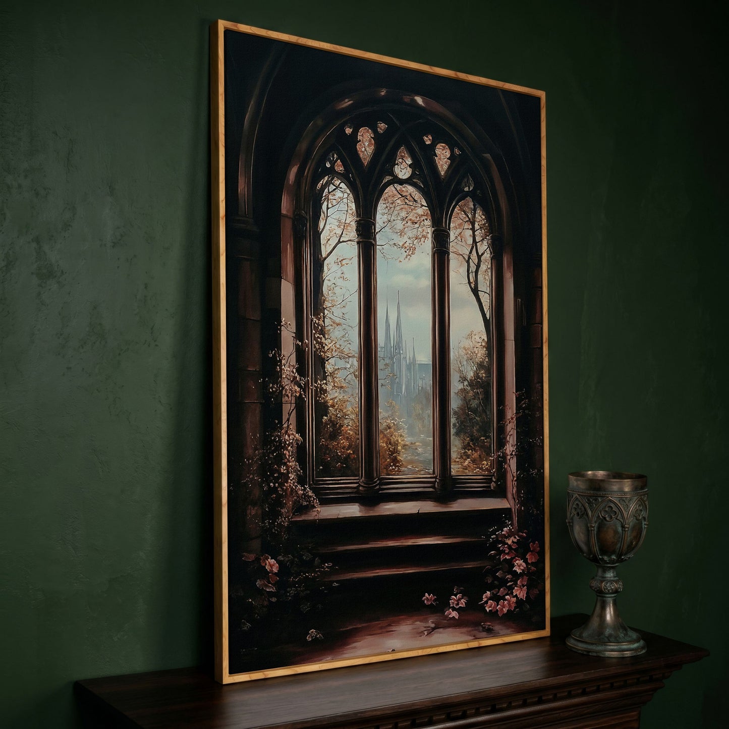 Gothic Window Castle View Canvas Art, Dark Academic Wall Decor in white oak floating frame
