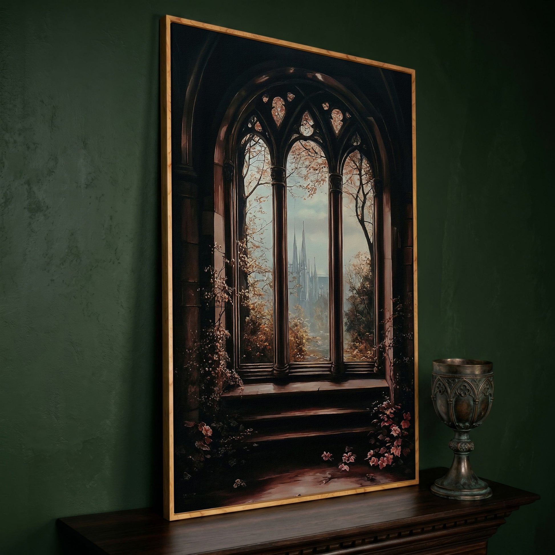 Gothic Window Castle View Canvas Art, Dark Academic Wall Decor in white oak floating frame