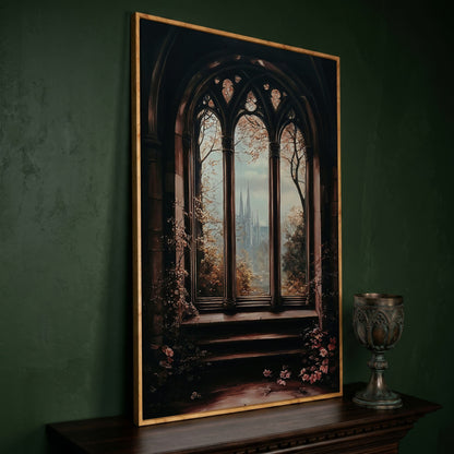 Gothic Window Castle View Canvas Art, Dark Academic Wall Decor in white oak floating frame